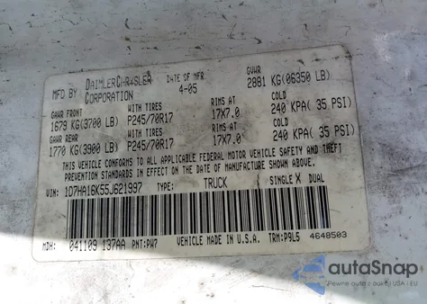 2005 Dodge Ram 1500 St z USA, uszkodzony, nr VIN 1D7HA16K55J621997
